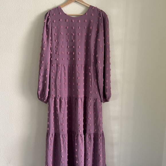 Zesica Dress Swiss Dot Tiered Maxi Womens Purple SZM Boho Style Long Sleeve - Picture 1 of 10